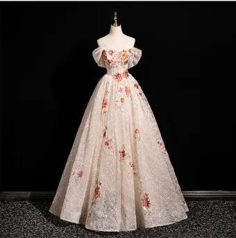 Chic Belle Champagne Paillettes En Dentelle Fleur Robe De Bal 2025 Princesse De L Épaule Manches Courtes Dos Nu Longue Tulle Robe De Ceremonie