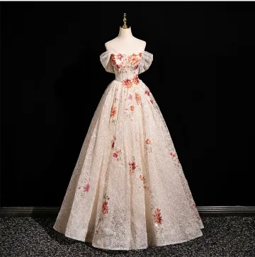 Chic Belle Champagne Paillettes En Dentelle Fleur Robe De Bal 2025 Princesse De L Épaule Manches Courtes Dos Nu Longue Tulle Robe De Ceremonie