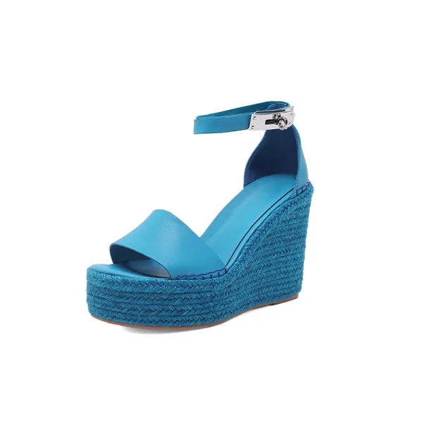 Chic / Beautiful Orange Street Wear Braid Womens Sandals 2022 Ankle Strap 12 cm Wedges Open / Peep Toe Sandals High Heels