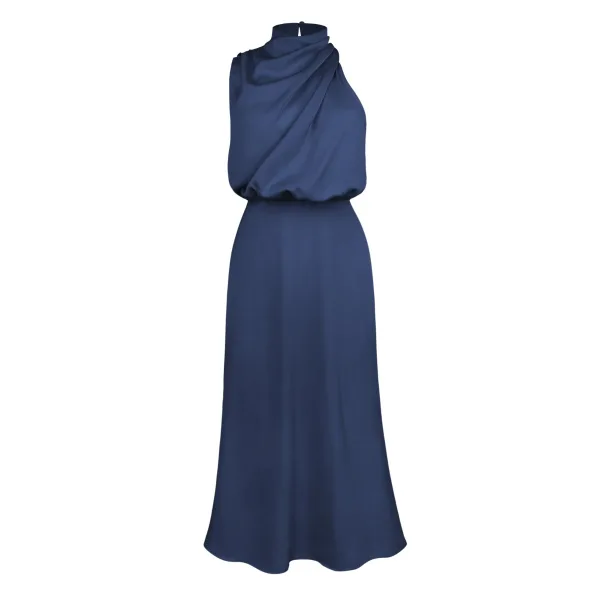 Fashion Beige Street Wear Holiday Women Dresses 2023 High Neck Tea-length Womens Clothing