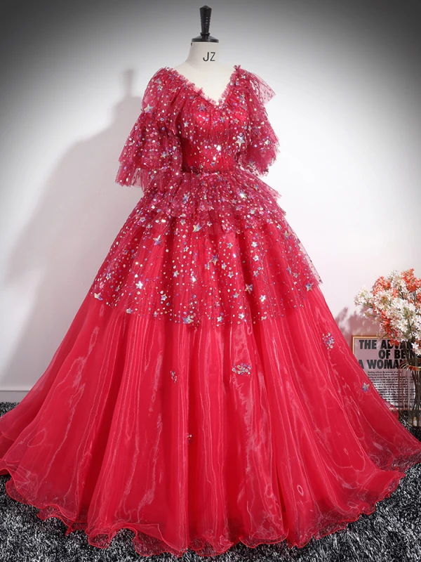 Charming Red Star Sequins Prom Dresses 2024 Ball Gown V-Neck Short Sleeve Backless Floor-Length / Long Prom Formal Dresses