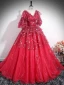 Charming Red Star Sequins Prom Dresses 2024 Ball Gown V-Neck Short Sleeve Backless Floor-Length / Long Prom Formal Dresses