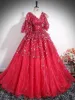 Charming Red Star Sequins Prom Dresses 2024 Ball Gown V-Neck Short Sleeve Backless Floor-Length / Long Prom Formal Dresses