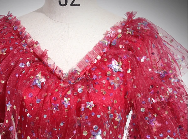 Charming Red Star Sequins Prom Dresses 2024 Ball Gown V-Neck Short Sleeve Backless Floor-Length / Long Prom Formal Dresses