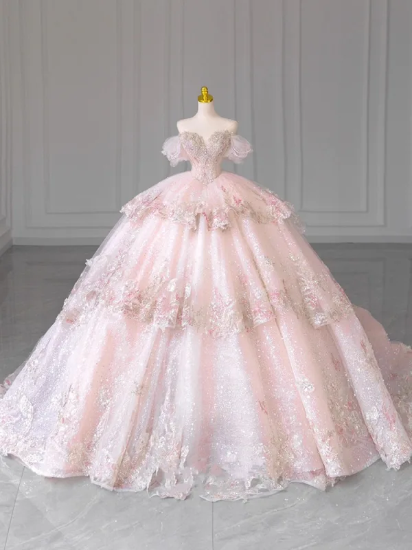 Charming Blushing Pink Beading Rhinestone Pearl Sequins Lace Flower Wedding Dresses 2024 Ball Gown Off-The-Shoulder Short Sleeve Backless Royal Train Wedding