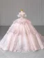 Charming Blushing Pink Beading Rhinestone Pearl Sequins Lace Flower Wedding Dresses 2024 Ball Gown Off-The-Shoulder Short Sleeve Backless Royal Train Wedding