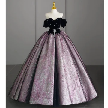 Vintage Originale Noire Faux Diamant Ceinture Satin Robe De Bal 2023 Robe Boule De L Épaule Manches Courtes Dos Nu Longue Robe De Ceremonie