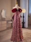 Sparkly Burgundy Sequins Flower Prom Dresses 2024 A-Line / Princess Off-The-Shoulder Short Sleeve Backless Bow Floor-Length / Long Prom Formal Dresses