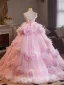Flower Fairy Candy Pink Appliques Cascading Ruffles Prom Dresses 2025 Ball Gown Strapless Sleeveless Sweep Train Tulle Prom Formal Dresses