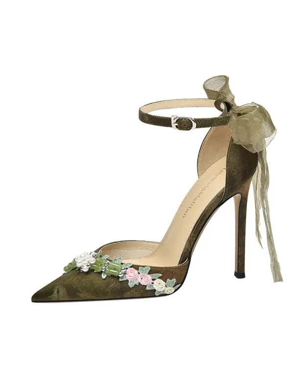 Chic / Beautiful Clover Green Appliques Bow Ankle Strap Prom Womens Sandals 2025 Leather 10 cm Stiletto Heels Pointed Toe Womens Shoes