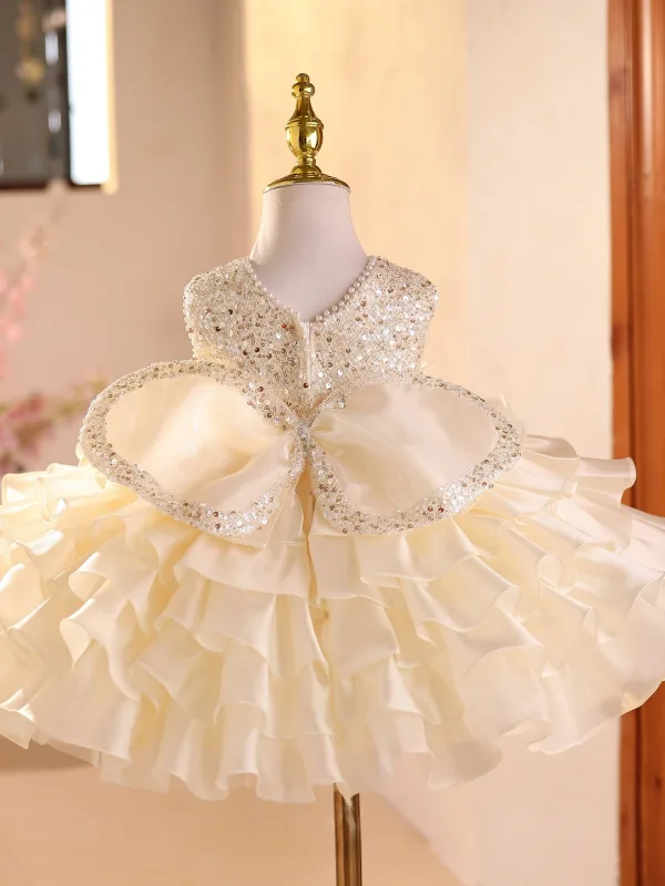 Bling Bling Champagne Sequins Cascading Ruffles Birthday Flower Girl Dresses 2026 Ball Gown Scoop Neck Sleeveless Bow Short