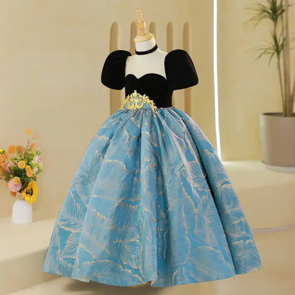 Élégant Noire Anniversaire Robe Ceremonie Fille 2022 Robe Boule Encolure Dégagée Gonflée Manches Courtes Longue Robe Ceremonie Fille