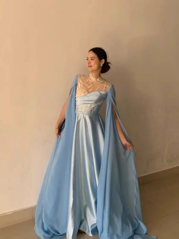 Chinesischer Stil Lavendel Perlenstickerei Pailletten Ballkleider 2026 A Linie Stehkragen Lange Ärmel Sweep / Pinsel Zug Festliche Kleider