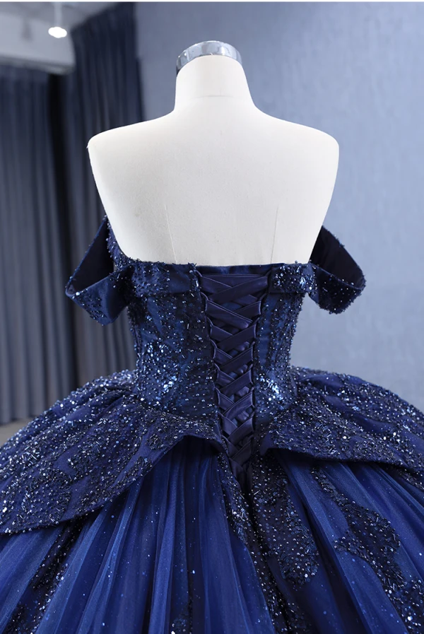 Vintage / Originale Haut de Gamme Bleu Marine Perlage Fait main Perle Paillettes Robe De Bal 2023 Robe Boule Col Haut Sans Manches Dos Nu Chapel Train Promo Robe De Ceremonie