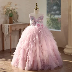 Chic Belle Rougissant Rose Perlage Fleur Volants En Cascade Anniversaire Robe Ceremonie Fille 2026 Robe Boule Encolure Dégagée Sans Manches Dos Nu Longue Tulle