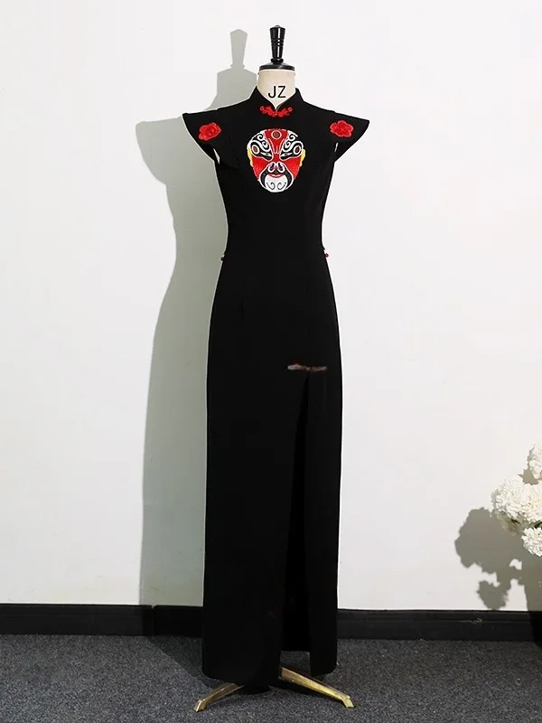 Chinese style Black Evening Party Cheongsam / Qipao 2025 Trumpet / Mermaid High Neck Cap Sleeves Sweep Train