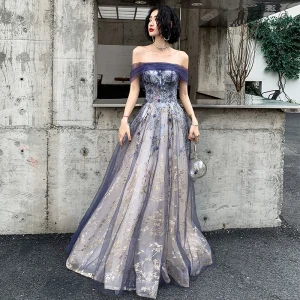 Élégant Bleu Marine Doré Robe De Soirée 2020 Princesse De L Épaule Manches Courtes Glitter Tulle Perlage Longue Volants Dos Nu Robe De Ceremonie