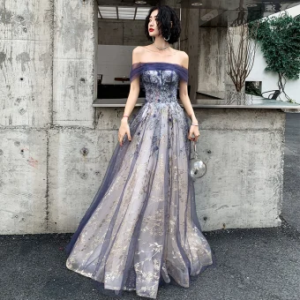 Elegant Navy Blue Gold Evening Dresses 2020 A Line Princess Off The Shoulder Short Sleeve Glitter Tulle Beading Floor Length Long Ruffle Backless Formal Dresses