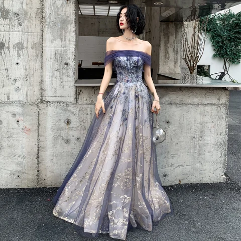 Elegant Navy Blue Gold Evening Dresses  2020 A-Line / Princess Off-The-Shoulder Short Sleeve Glitter Tulle Beading Floor-Length / Long Ruffle Backless Formal Dresses