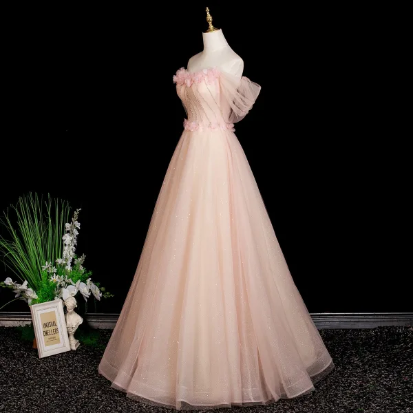 Chic / Beautiful Blushing Pink Appliques Rhinestone Prom Dresses 2025 A-Line / Princess Off-The-Shoulder Short Sleeve Backless Floor-Length / Long Formal Dresses