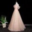Chic / Beautiful Blushing Pink Appliques Rhinestone Prom Dresses 2025 A-Line / Princess Off-The-Shoulder Short Sleeve Backless Floor-Length / Long Formal Dresses