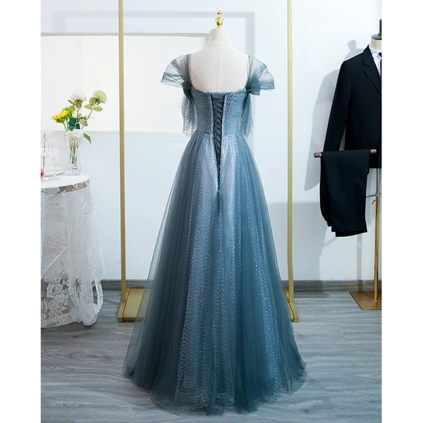 Chic / Beautiful Ink Blue Prom Dresses 2022 A-Line / Princess Off-The-Shoulder Puffy Short Sleeve Backless Bow Floor-Length / Long Formal Dresses