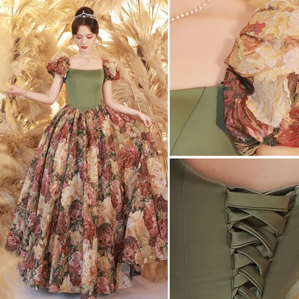 Fantaisie Vert Impression Robe De Bal 2023 Princesse Encolure Carrée Gonflée Manches Courtes Dos Nu Longue Promo Robe De Ceremonie