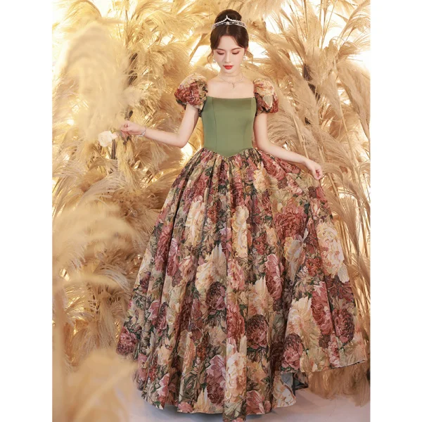 Fantaisie Vert Impression Robe De Bal 2023 Princesse Encolure Carrée Gonflée Manches Courtes Dos Nu Longue Promo Robe De Ceremonie