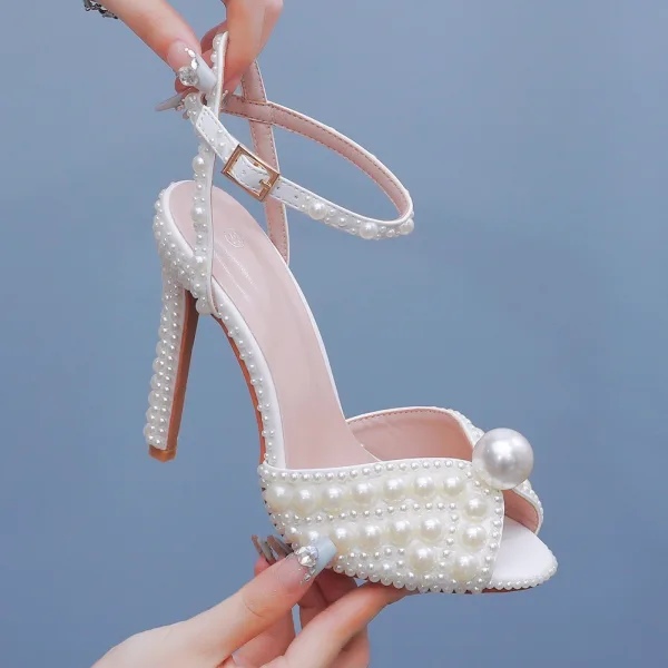 Elegant Beige Pearl Wedding Shoes 2024 11 cm Stiletto Heels Ankle Strap Open / Peep Toe Wedding Sandals High Heels
