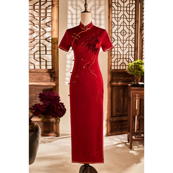 Chinese style Blushing Pink Lace Flower Tea-length Cheongsam 2024 Trumpet / Mermaid High Neck Short Sleeve Prom