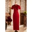Chinese style Blushing Pink Lace Flower Tea-length Cheongsam 2024 Trumpet / Mermaid High Neck Short Sleeve Prom