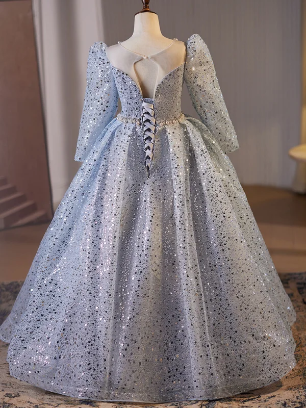 Sparkly Sky Blue Beading Pearl Rhinestone Birthday Flower Girl Dresses 2024 Ball Gown Scoop Neck 3/4 Sleeve Backless Floor-Length / Long