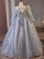 Sparkly Sky Blue Beading Pearl Rhinestone Birthday Flower Girl Dresses 2024 Ball Gown Scoop Neck 3/4 Sleeve Backless Floor-Length / Long