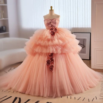 Encantador Rosa Clara Apliques Volantes En Cascada Vestidos De Gala 2023 Ball Gown Sin Tirantes Sin Mangas Sin Espalda Colas De La Corte Gala Vestidos Formales