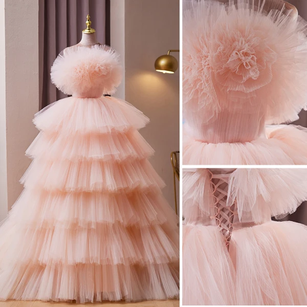 Charmant Rougissant Rose Volants en Cascade Percé Robe De Soirée 2023 Robe Boule Bustier Sans Manches Dos Nu Tribunal Train Soirée Robe De Ceremonie
