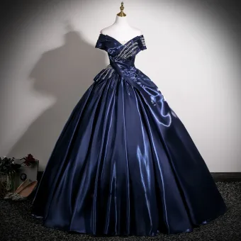 Vintage Originale Bleu Marine Perlage Robe De Bal 2025 Robe Boule De L Épaule Sans Manches Dos Nu Longue Robe De Ceremonie