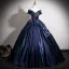 Vintage / Retro Navy Blue Beading Prom Dresses 2025 Ball Gown Off-The-Shoulder Sleeveless Backless Floor-Length / Long Formal Dresses