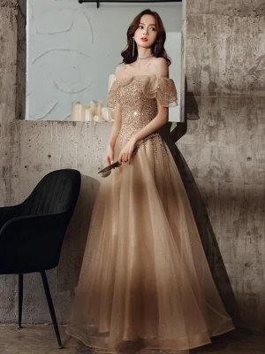 Charming Champagne Beading Sequins Prom Dresses 2024 A Line Princess Off The Shoulder Short Sleeve Backless Floor Length Long Prom Formal Dresses