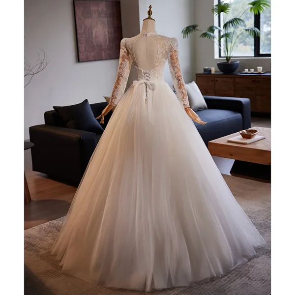 Vintage / Retro White Lace Flower Wedding Dresses 2024 Ball Gown High Neck Long Sleeve Backless Bow Floor-Length / Long Wedding