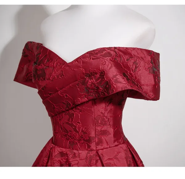 Vintage / Retro Burgundy Printing Prom Dresses 2025 A-Line / Princess Off-The-Shoulder Short Sleeve Backless Floor-Length / Long Formal Dresses