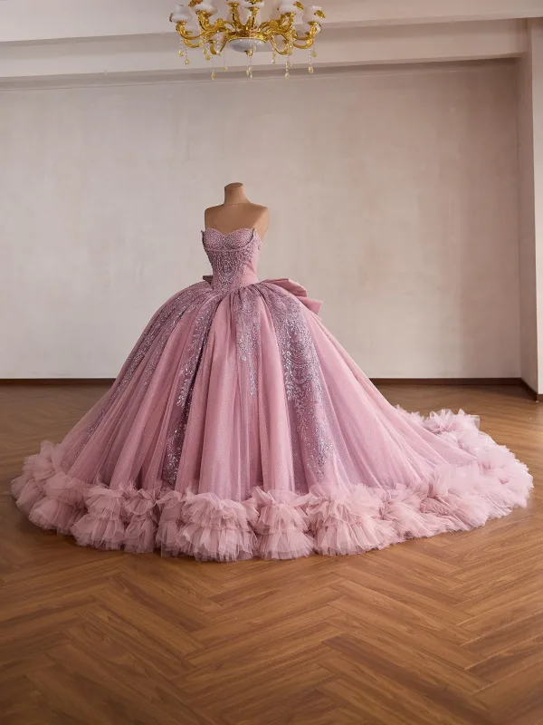 Luxe Bling Bling Rose Sombre Glitter Perlage Paillettes Robe De Bal 2026 Robe Boule Bustier Sans Manches Dos Nu Noeud Tribunal Train Robe De Ceremonie