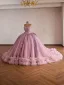 Luxe Bling Bling Rose Sombre Glitter Perlage Paillettes Robe De Bal 2026 Robe Boule Bustier Sans Manches Dos Nu Noeud Tribunal Train Robe De Ceremonie