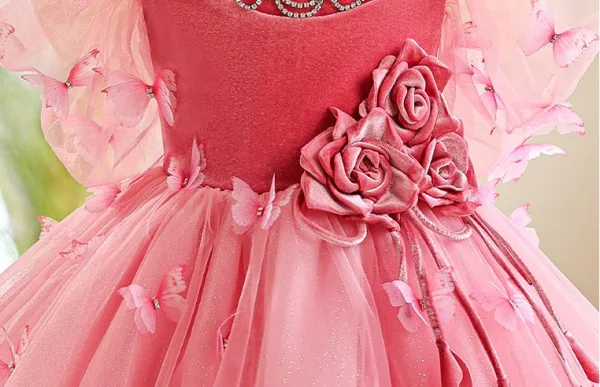 Chic / Beautiful Blushing Pink Butterfly Appliques Birthday Flower Girl Dresses 2025 Ball Gown Scoop Neck Short Sleeve Backless Floor-Length / Long
