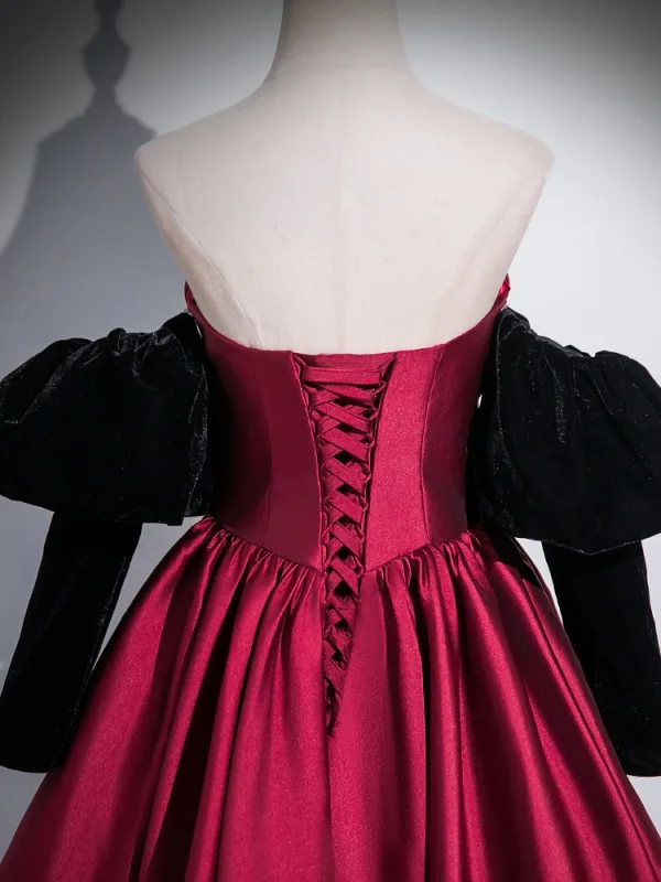 Elegant Burgundy Prom Dresses Satin 2024 Ball Gown Strapless Removable sleeves Backless Floor-Length / Long Prom Formal Dresses