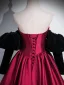 Elegant Burgundy Prom Dresses Satin 2024 Ball Gown Strapless Removable sleeves Backless Floor-Length / Long Prom Formal Dresses