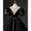 Vintage / Retro Black Satin Rhinestone Prom Dresses 2022 Ball Gown Scoop Neck Prom Dresses Puffy Short Sleeve Court Train Prom Formal Dresses