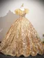 Scintillantes Doré Perlage Paillettes En Dentelle Fleur Robe De Bal 2026 Robe Boule Encolure Dégagée Manches Courtes Dos Nu Train De Balayage Promo Robe De Ceremonie