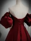Elegant Burgundy Satin Prom Dresses 2023 A-Line / Princess Off-The-Shoulder Puffy Short Sleeve Backless Floor-Length / Long Formal Dresses