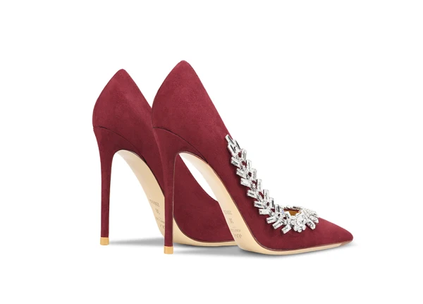 Schöne Burgunderrot Abend Strass Pumps 2024 Leder 10 cm Stilettos Spitzschuh Hochhackige
