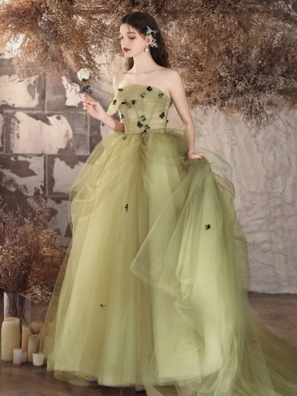 Élégant Vert Cendré Appliques Robe De Bal 2024 Robe Boule Bustier Sans Manches Dos Nu Longue Robe De Ceremonie
